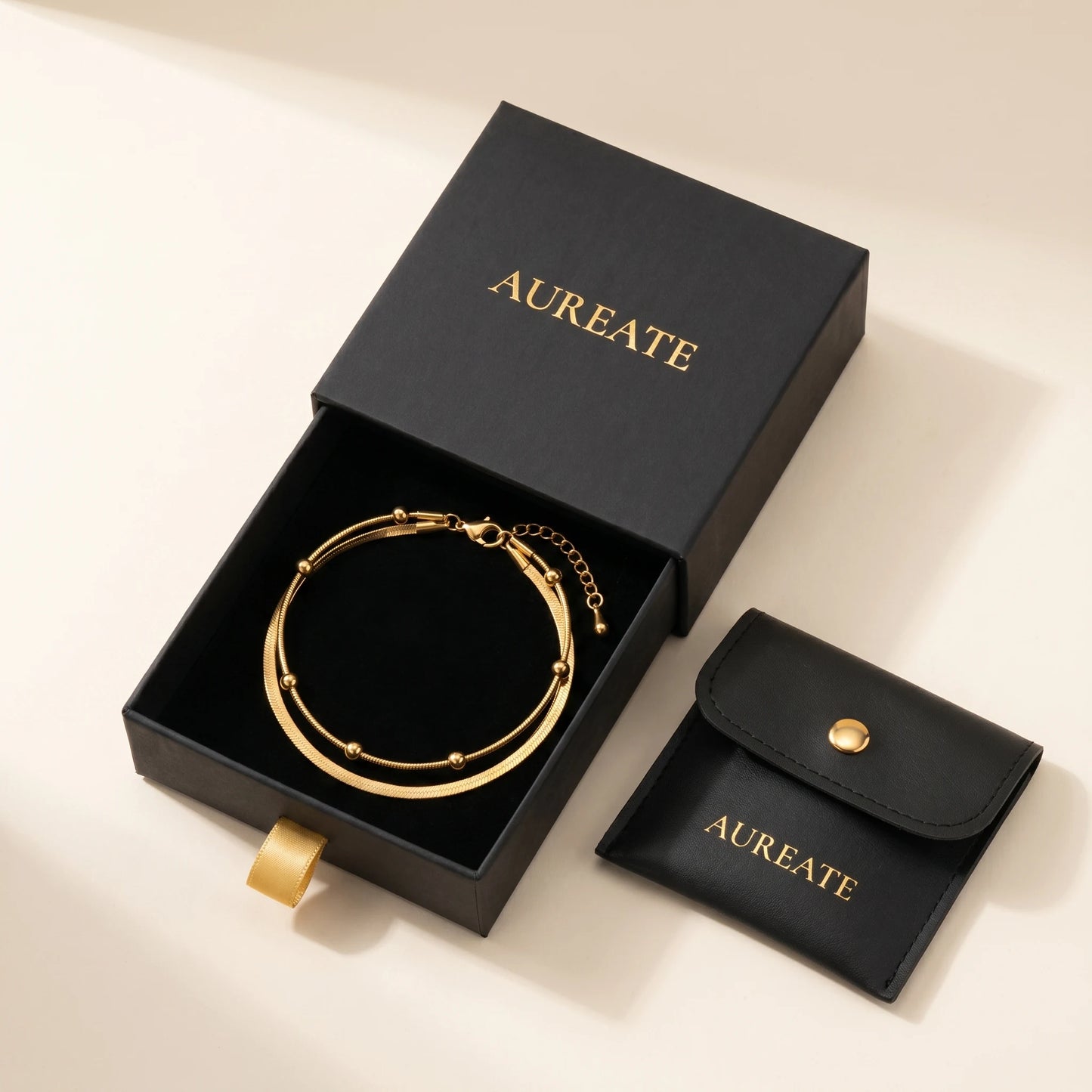 Double snake layered anklet gold AUREATE gift box slide-drawer hero