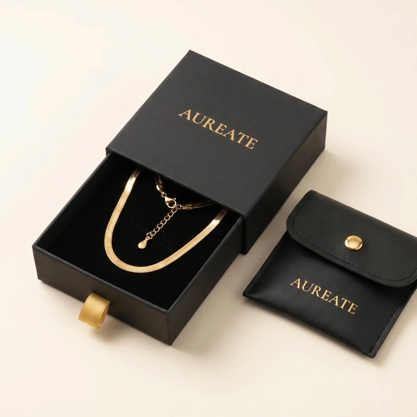Gold herringbone flat chain anklet AUREATE gift box slide-drawer with leather pouch
