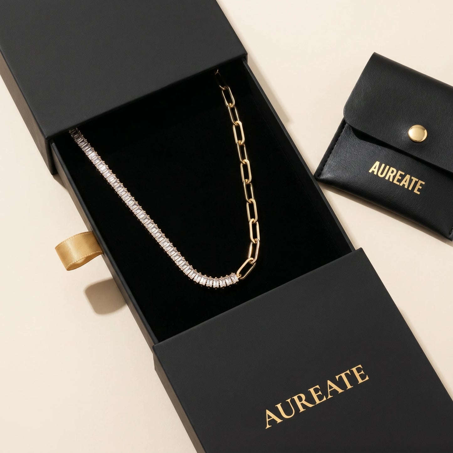Half Tennis Paperclip Necklace AUREATE gift box leather pouch gold foil logo