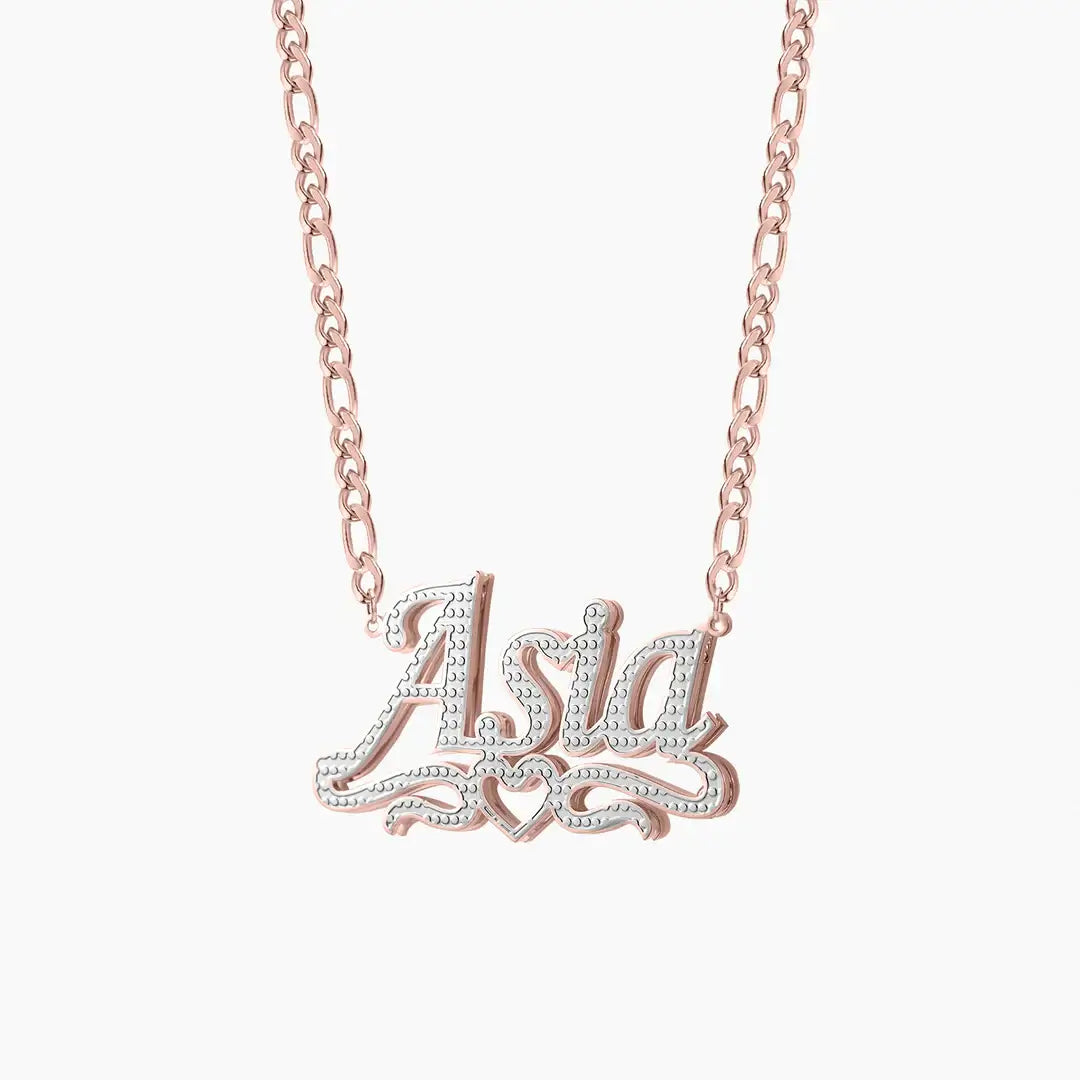 Double Plated Heart Title Name Necklace with Figaro Chain by AUREATE featuring a nameplate design.