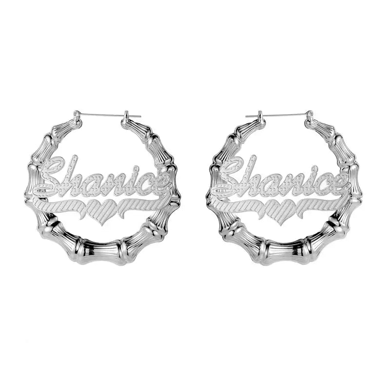 Double Plated Bamboo Name Hoops by AUREATE featuring custom name design in elegant bamboo texture.