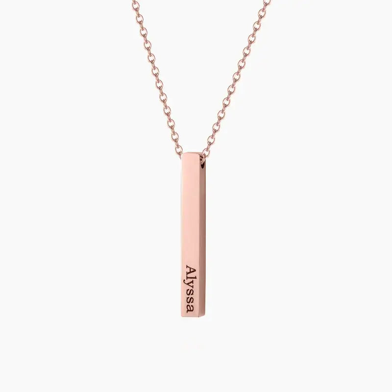 3D Bar Engraved Necklace by AUREATE with personalized name Alyssa on a rose gold chain.