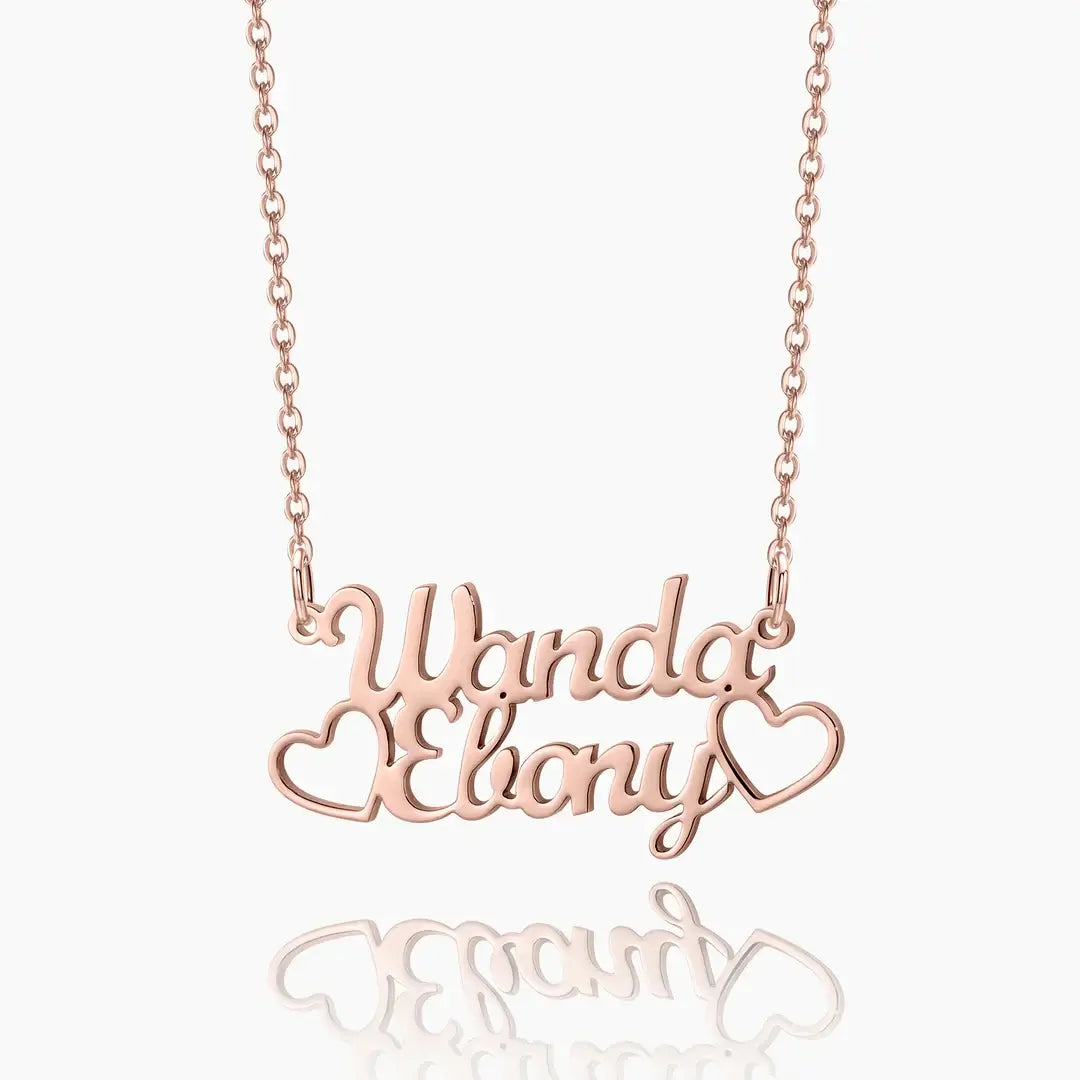 AUREATE Two Name Necklace featuring the names Wanda and Ebony in elegant rose gold.