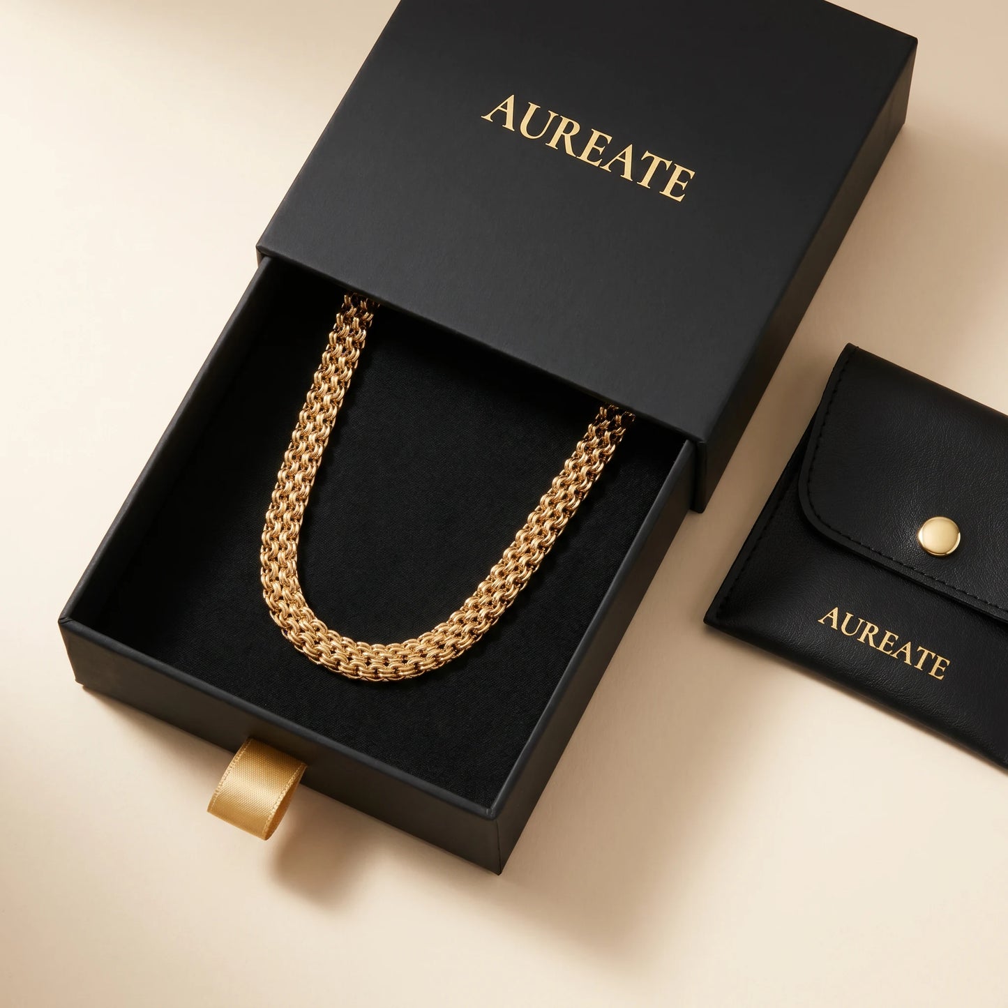 AUREATE mesh chain necklace gold gift box reveal Cormorant Garamond