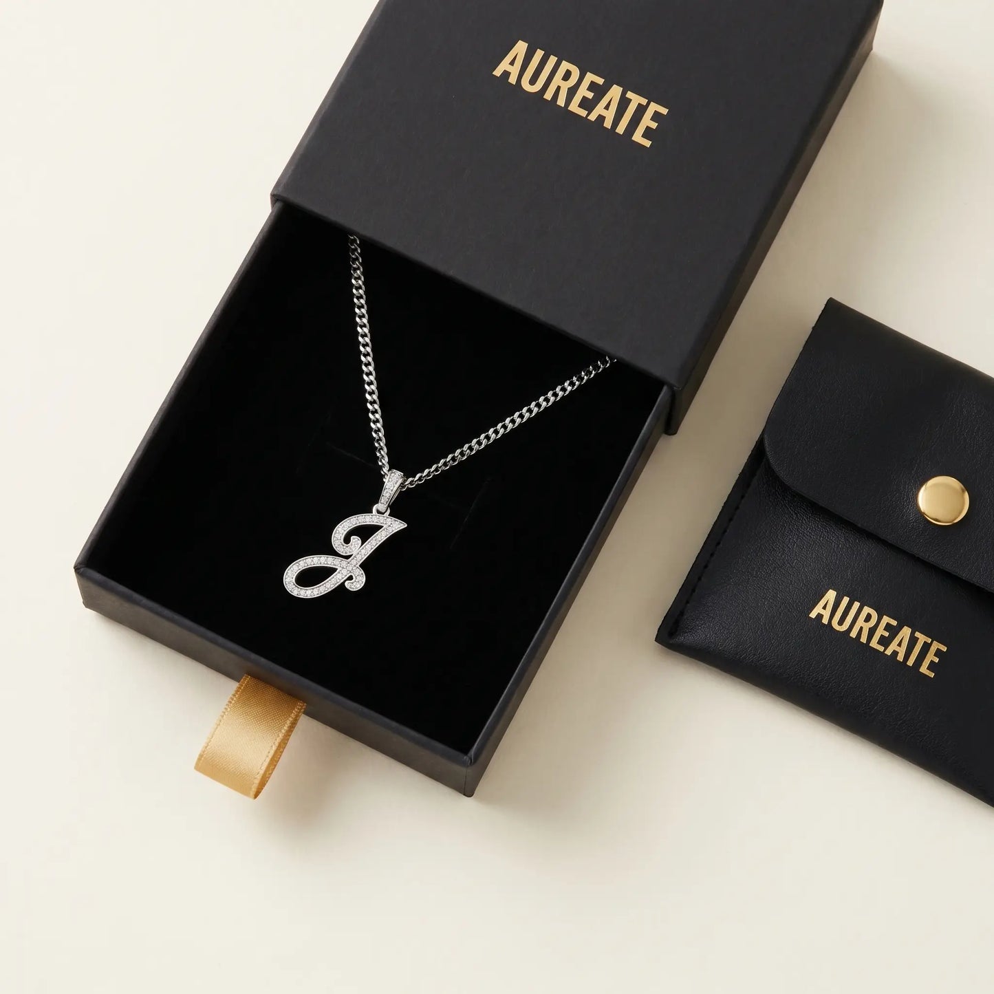 Crystal Script Initial Pendant Stainless Steel Silver Tone AUREATE gift box slide-drawer cursive J