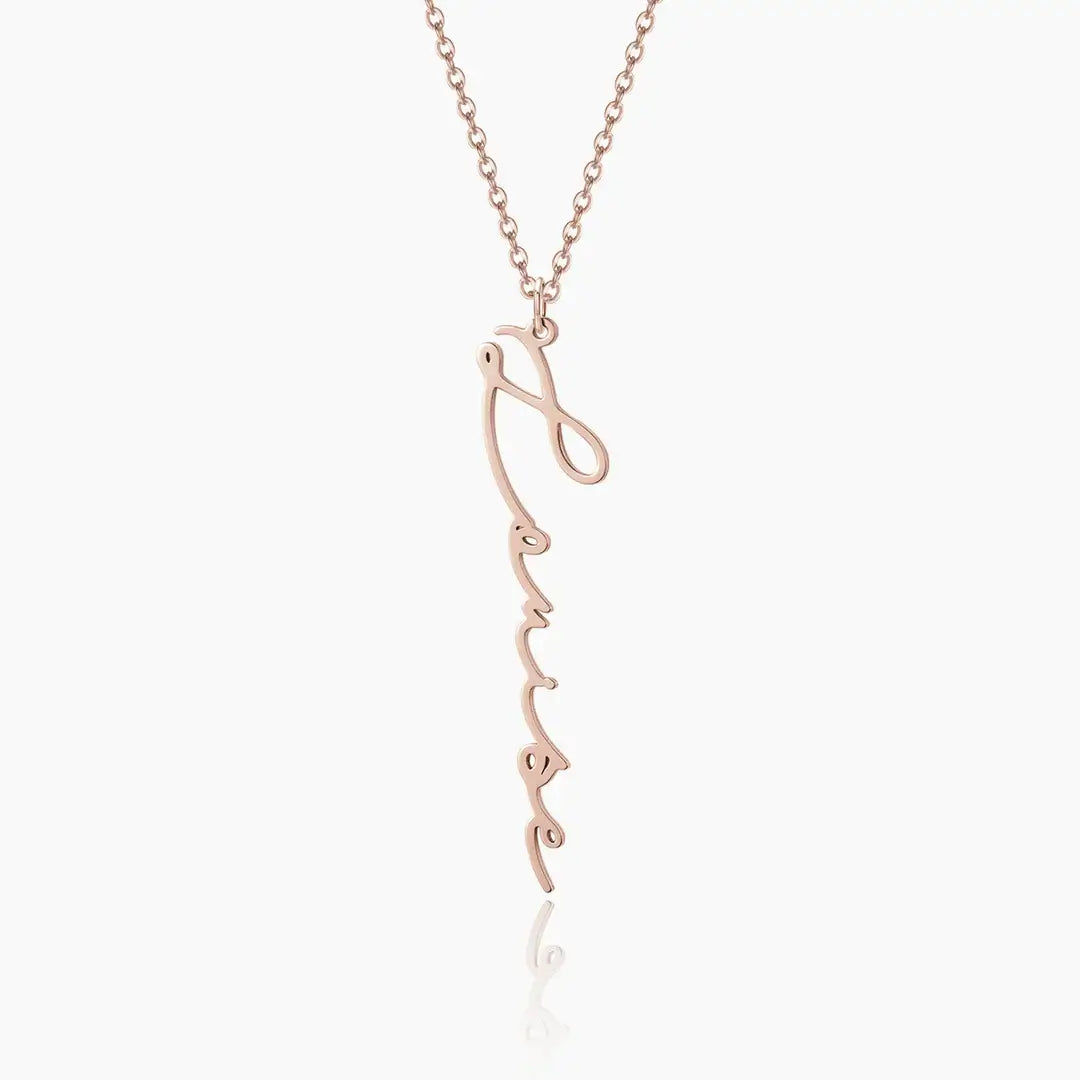 Rose gold Vertical Personalised Necklace by AUREATE featuring a sleek design and elegant script.