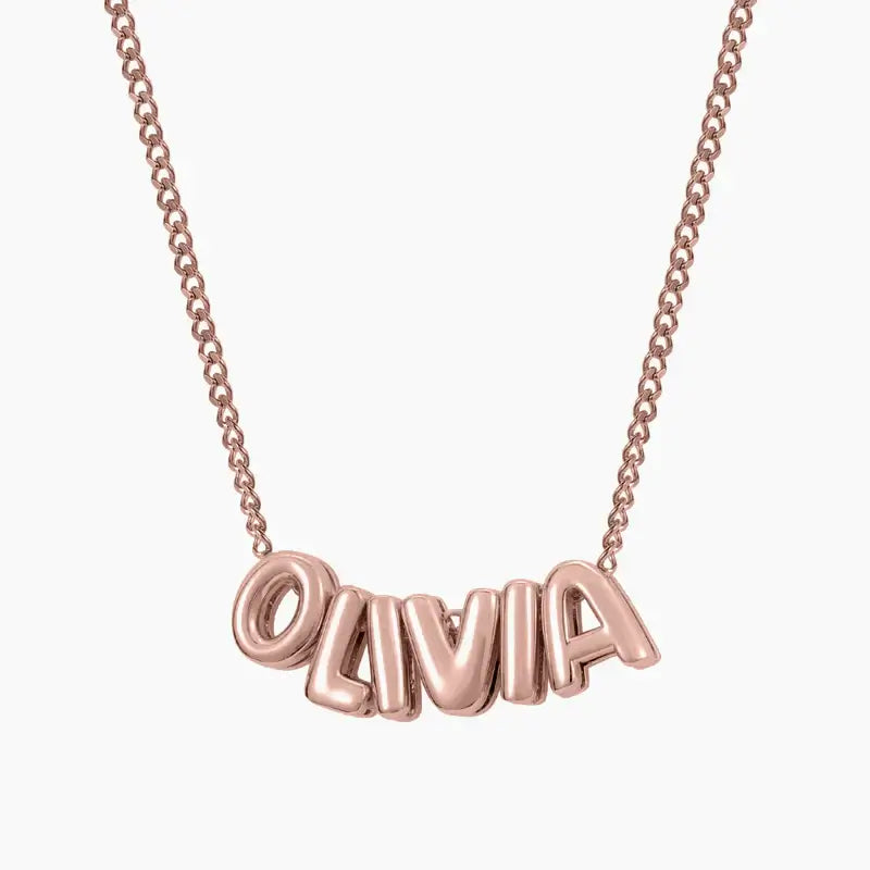Bubble Style Name Necklace by AUREATE featuring the name 'OLIVIA' in playful, puffy text design.