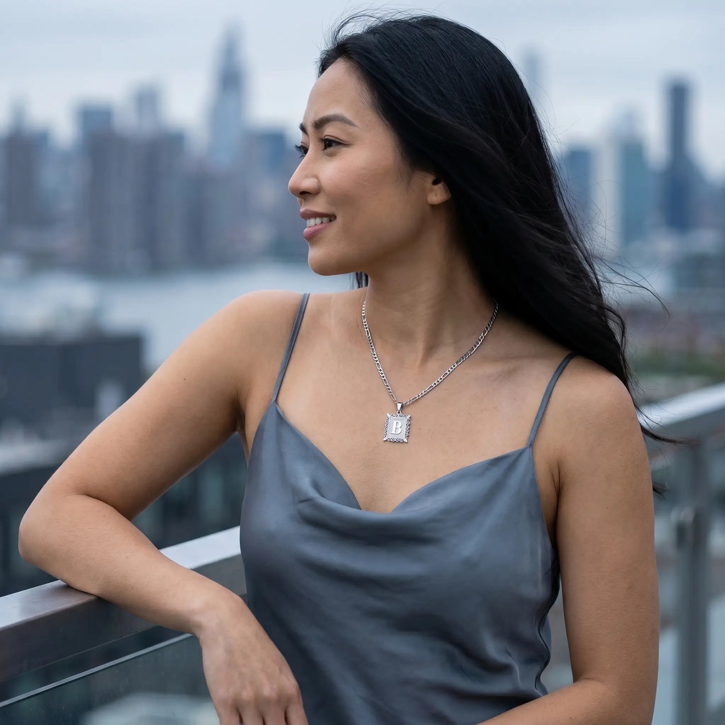 Raised Initial Figaro Pendant silver subtle smile profile NYC rooftop