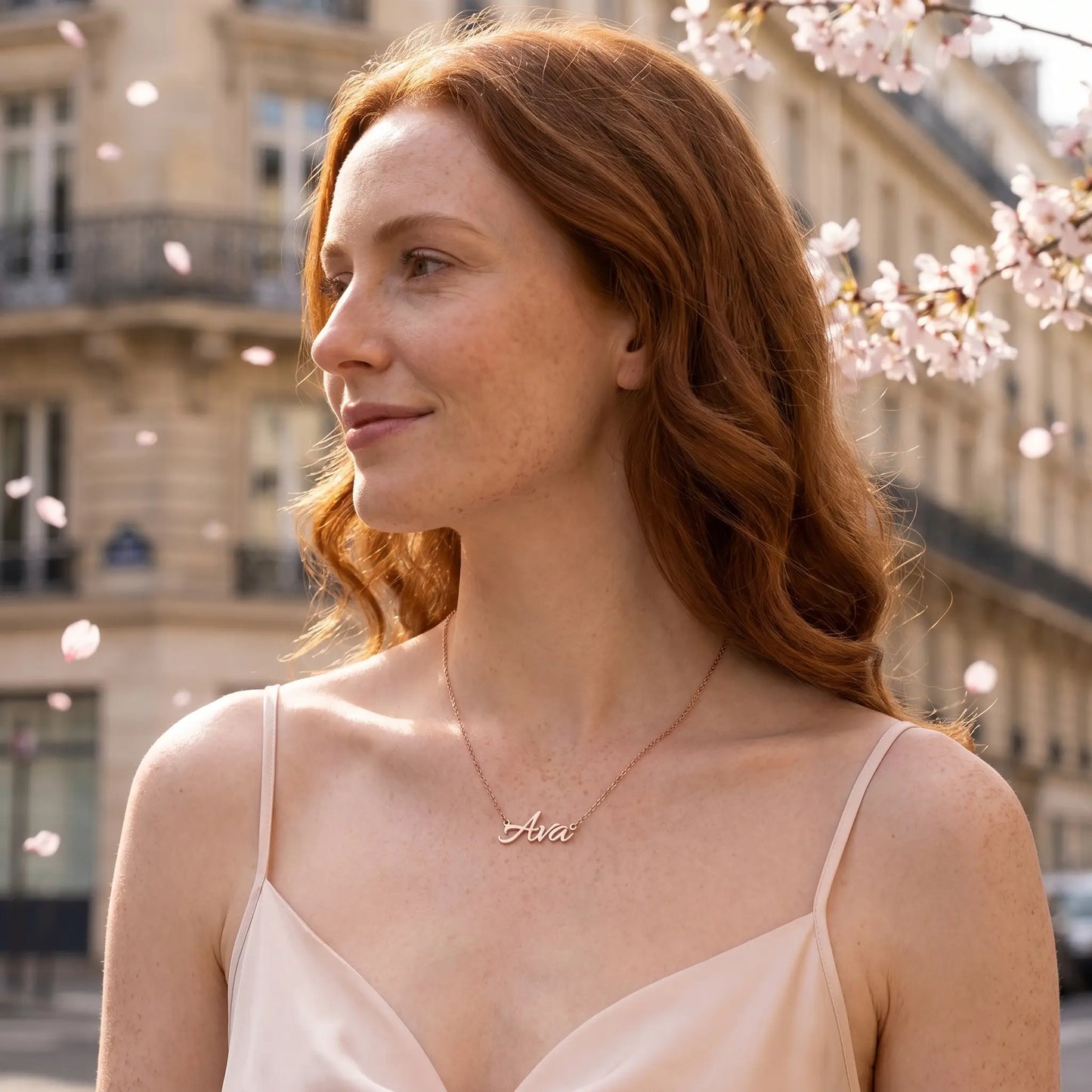 Personalized Script Name Chain rose gold Parisian cherry blossom profile editorial by AUREATE