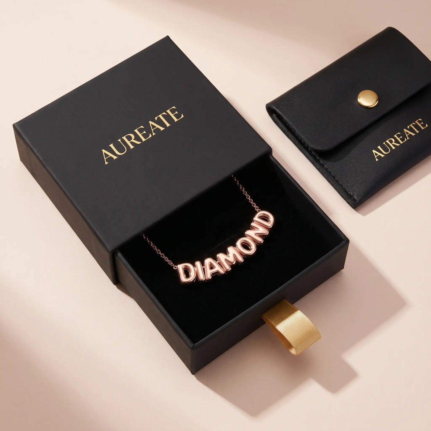 AUREATE Bubble Letter Name Chain Rose Gold DIAMOND gift box slide-drawer with leather pouch