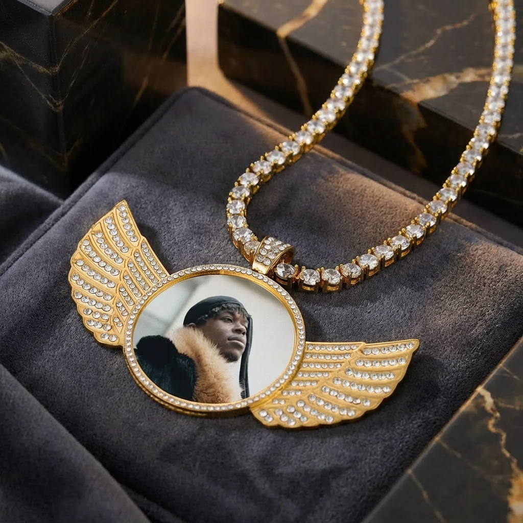 Iced Angel Photo Pendant Necklace by AUREATE featuring a sparkling angel-wing design with personalized photo space.