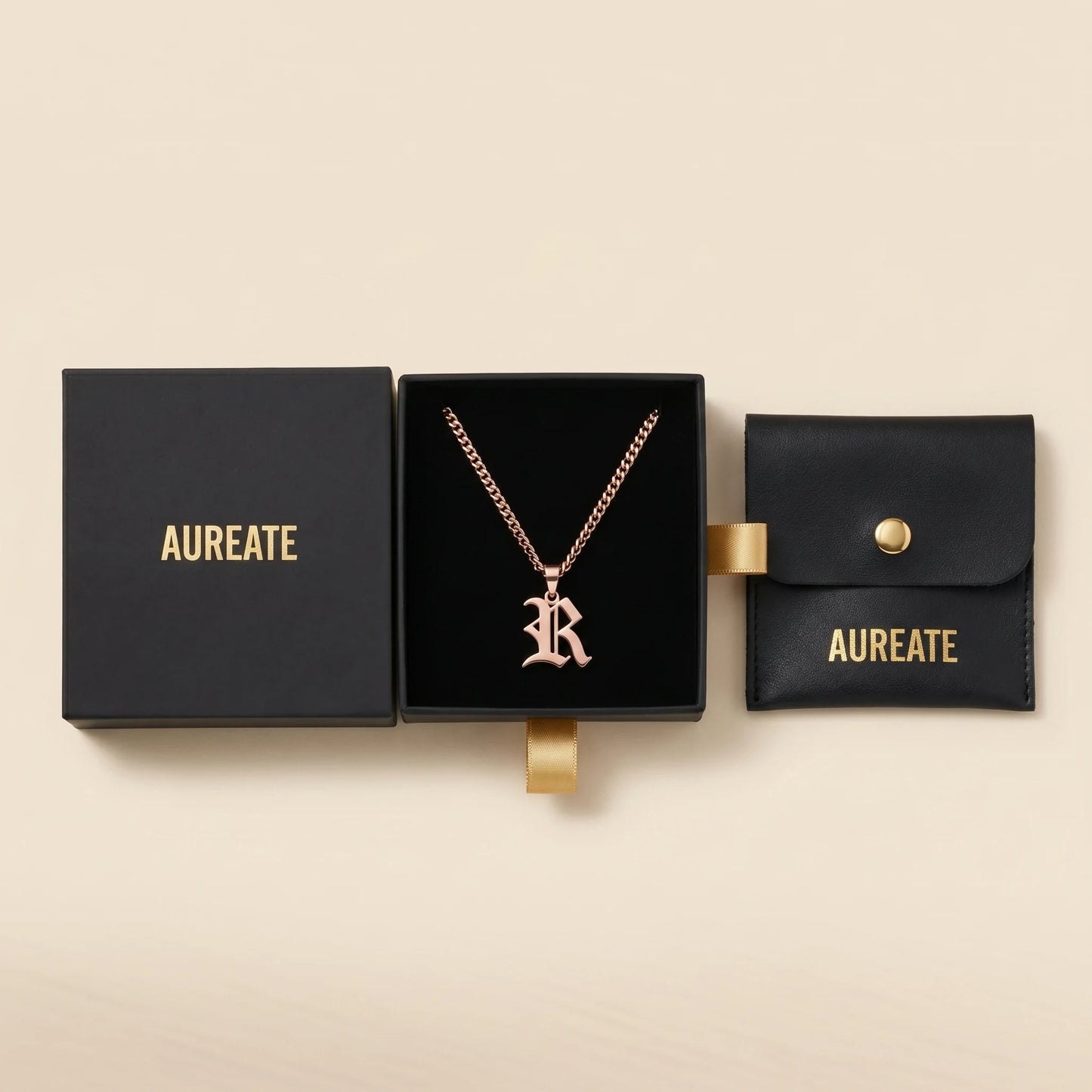 Gothic Initial Cuban Link Rose Gold gift box R v2