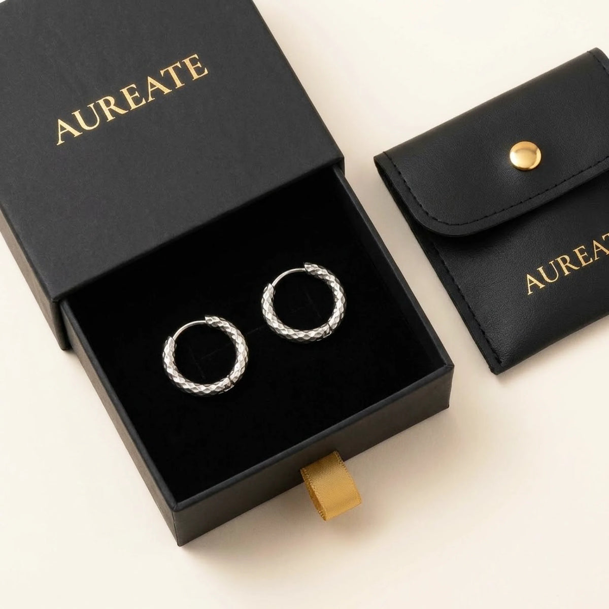 Silver tone stainless steel twisted rope huggie hoop earrings, in its gift box | SKU: AUR-TWRHUG-S