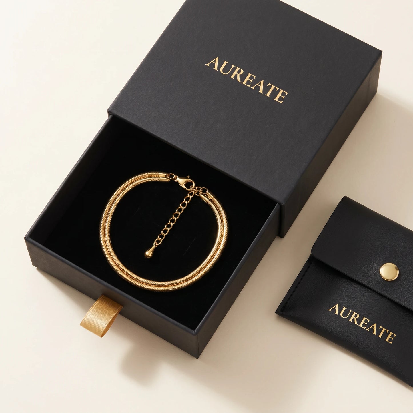 AUREATE matte black gift box with gold snake medium chain anklet single piece slide drawer leather pouch