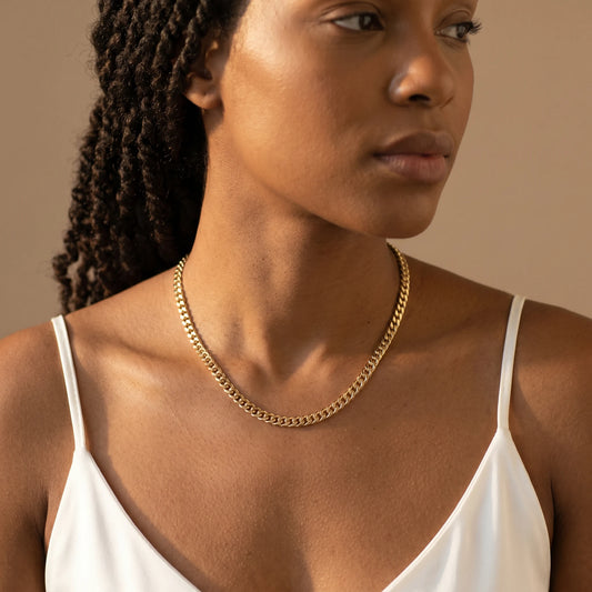 Dainty Cuban Chain Necklace gold worn close-up on collarbone editorial