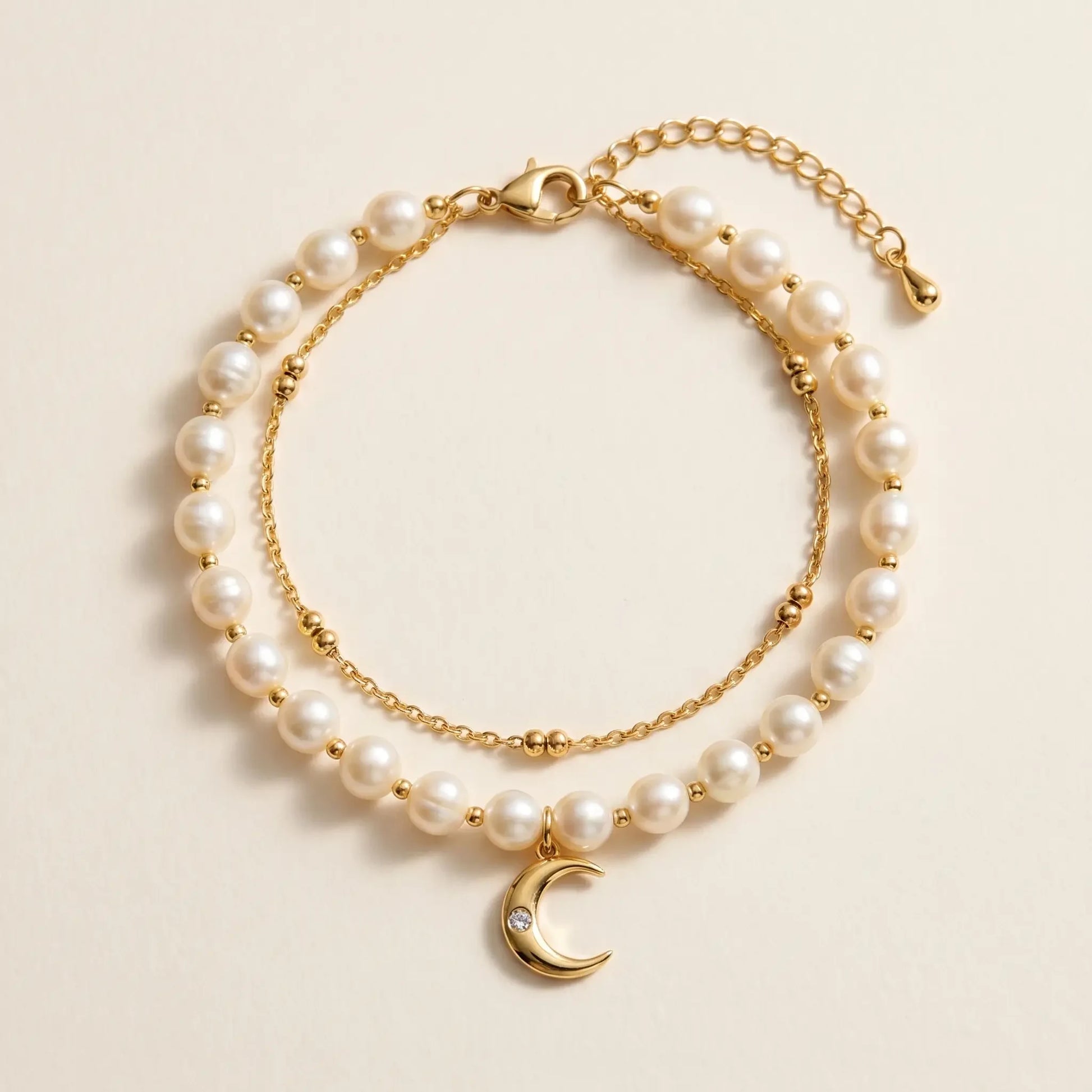 Pearl moon layered anklet gold packshot freshwater pearls crescent moon