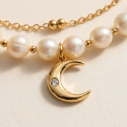 Pearl moon anklet macro crescent moon CZ stone freshwater pearl detail