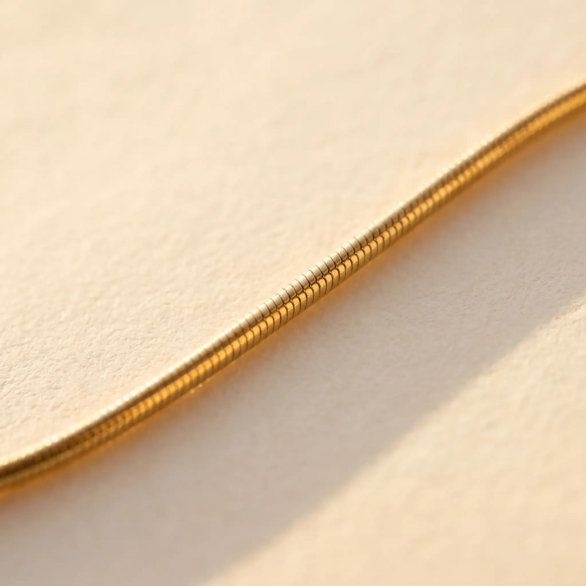 Gold snake chain macro detail showing smooth round tubular cross-section