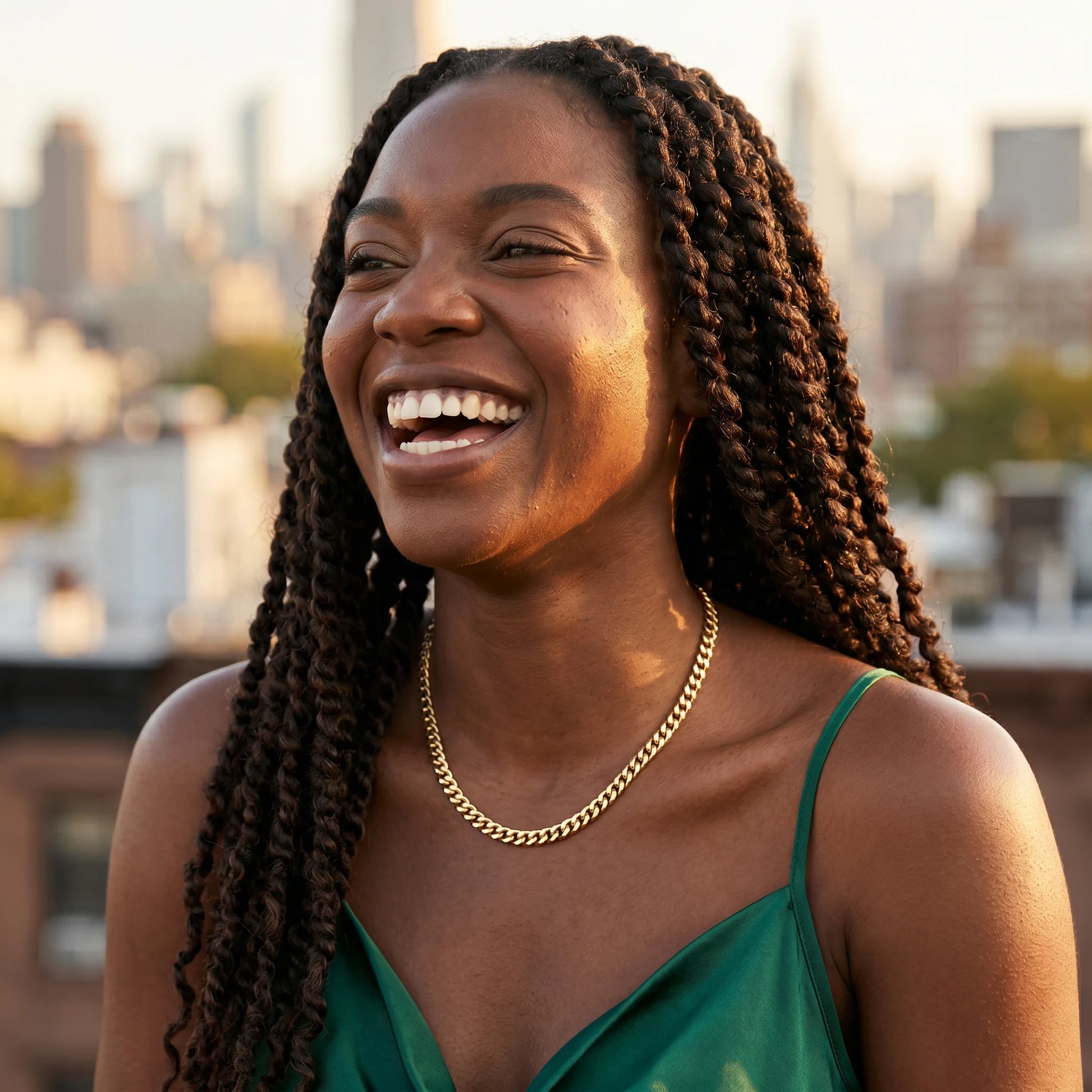Dainty Cuban Chain Necklace gold lifestyle joy laugh Brooklyn rooftop