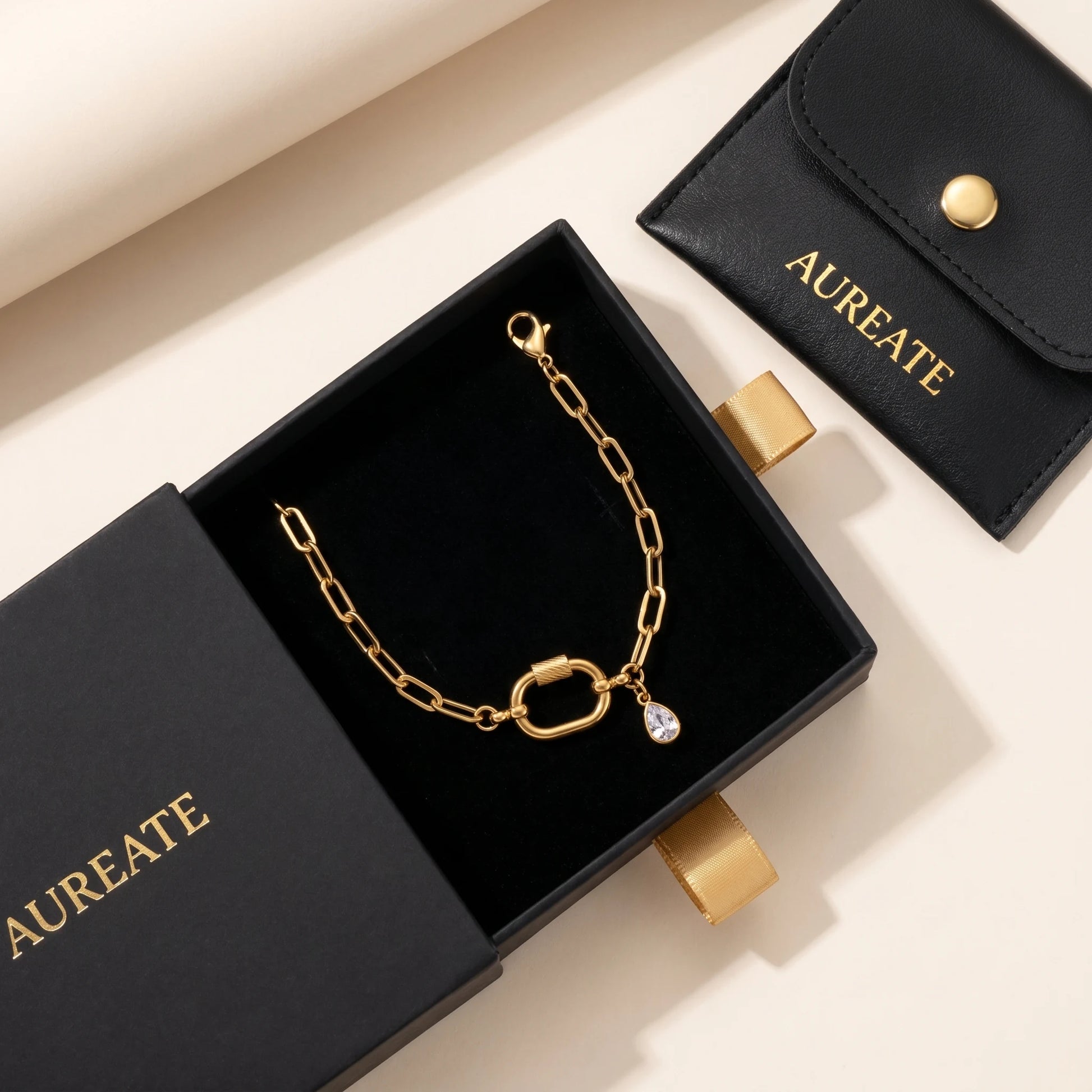 AUREATE gift box gold carabiner paperclip anklet matte black slide-drawer leather pouch