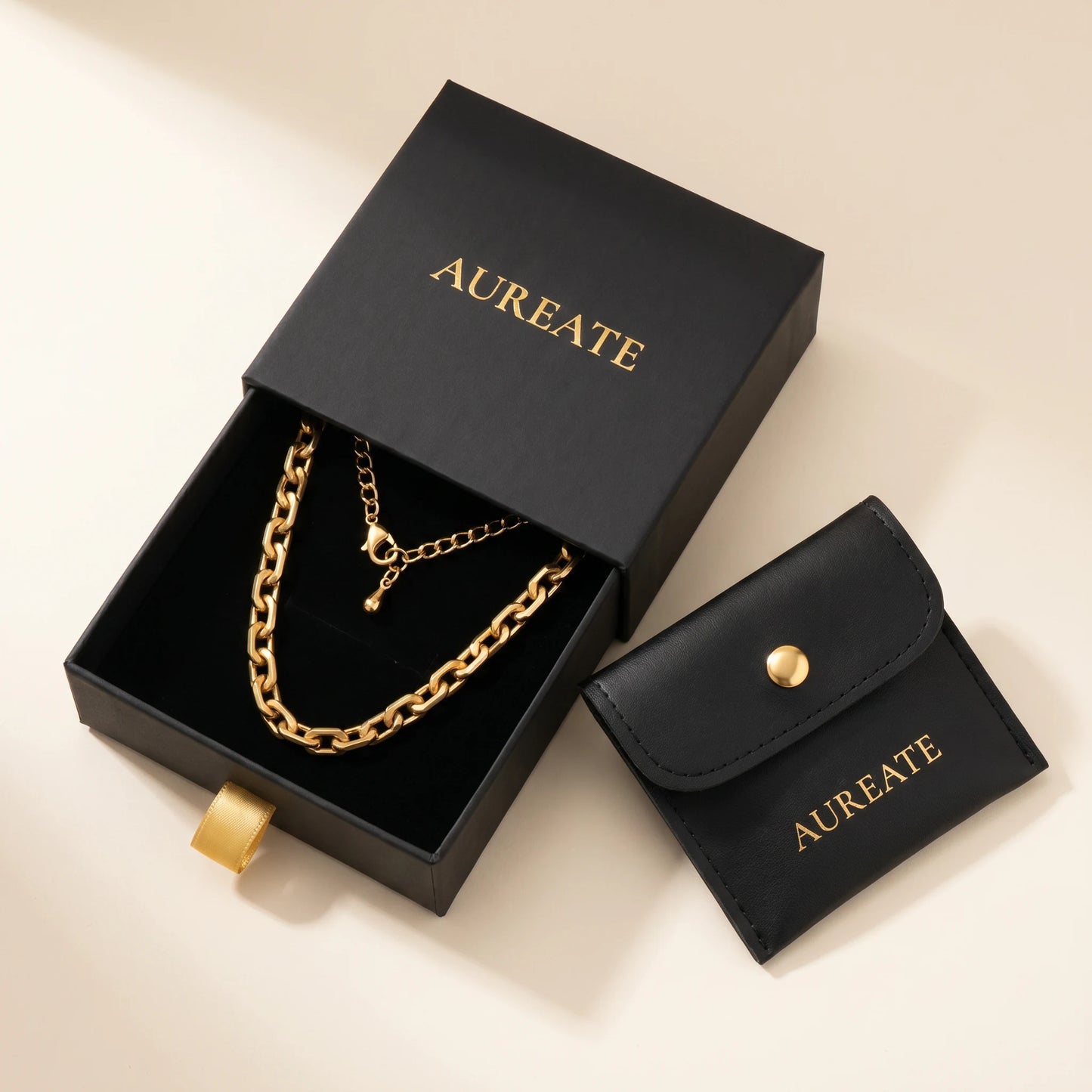 Bold curb chain necklace AUREATE gift box with leather pouch gold logo
