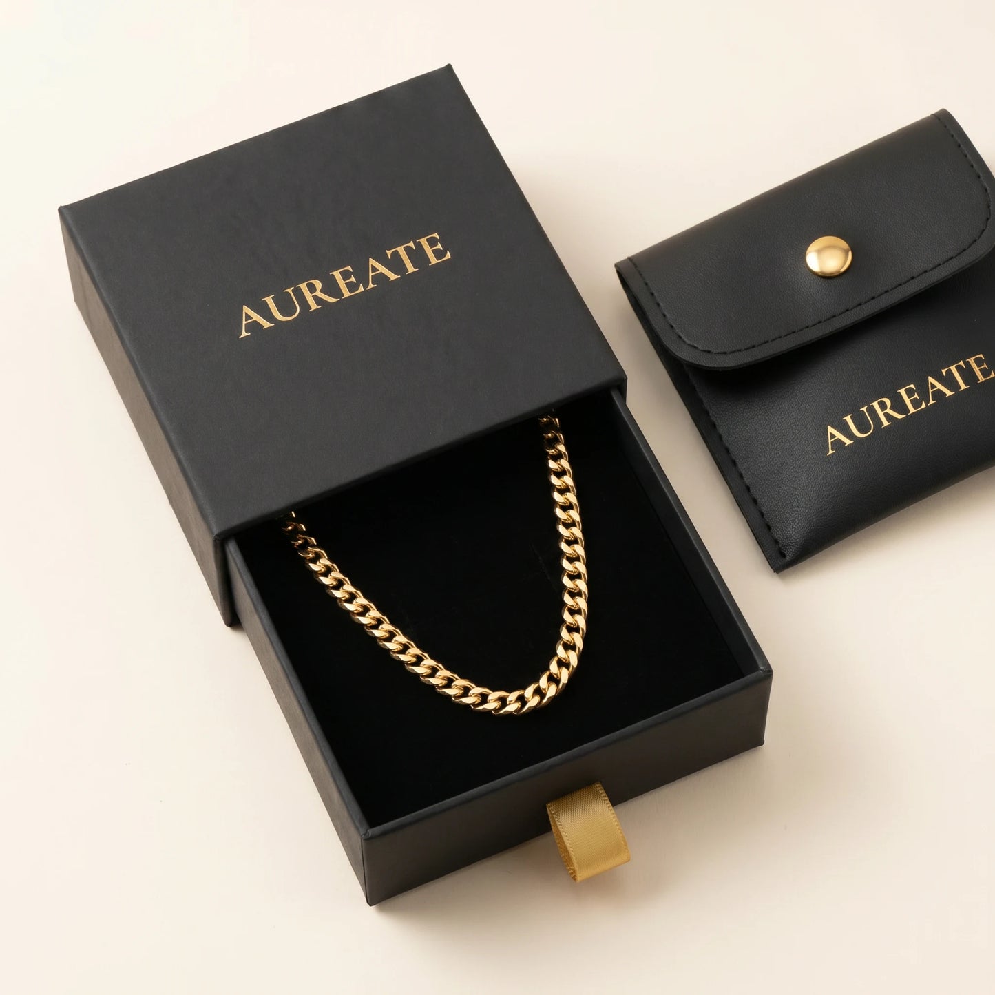 Dainty Cuban Chain Necklace AUREATE gift box matte black slide drawer