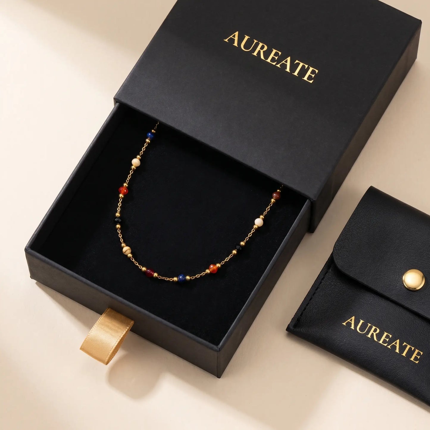 AUREATE gift box with multicolor beaded anklet and leather pouch