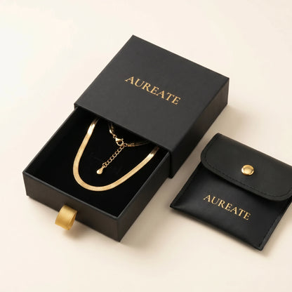 Gold herringbone flat chain anklet AUREATE gift box slide-drawer with leather pouch
