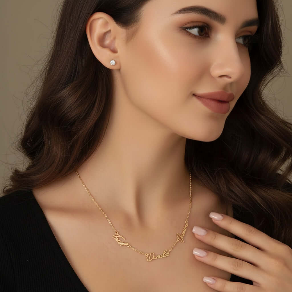 Multiple Name Necklace from AUREATE, showcasing custom names in gold, perfect for a personalised gift.