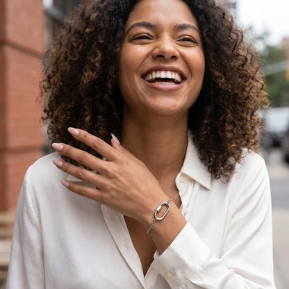 Cable chain bracelet silver — candid joy on Brooklyn cafe terrace