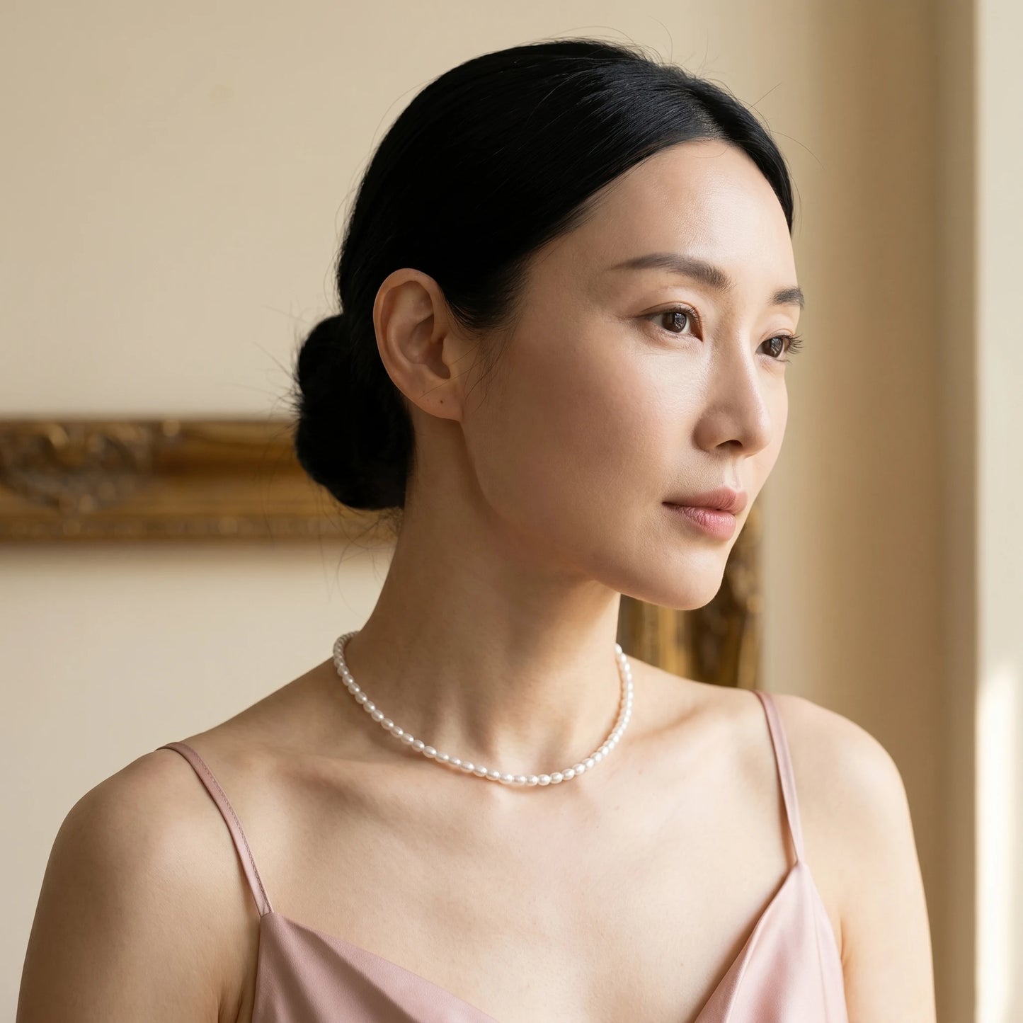 Dainty pearl necklace editorial Vogue portrait Korean blush silk