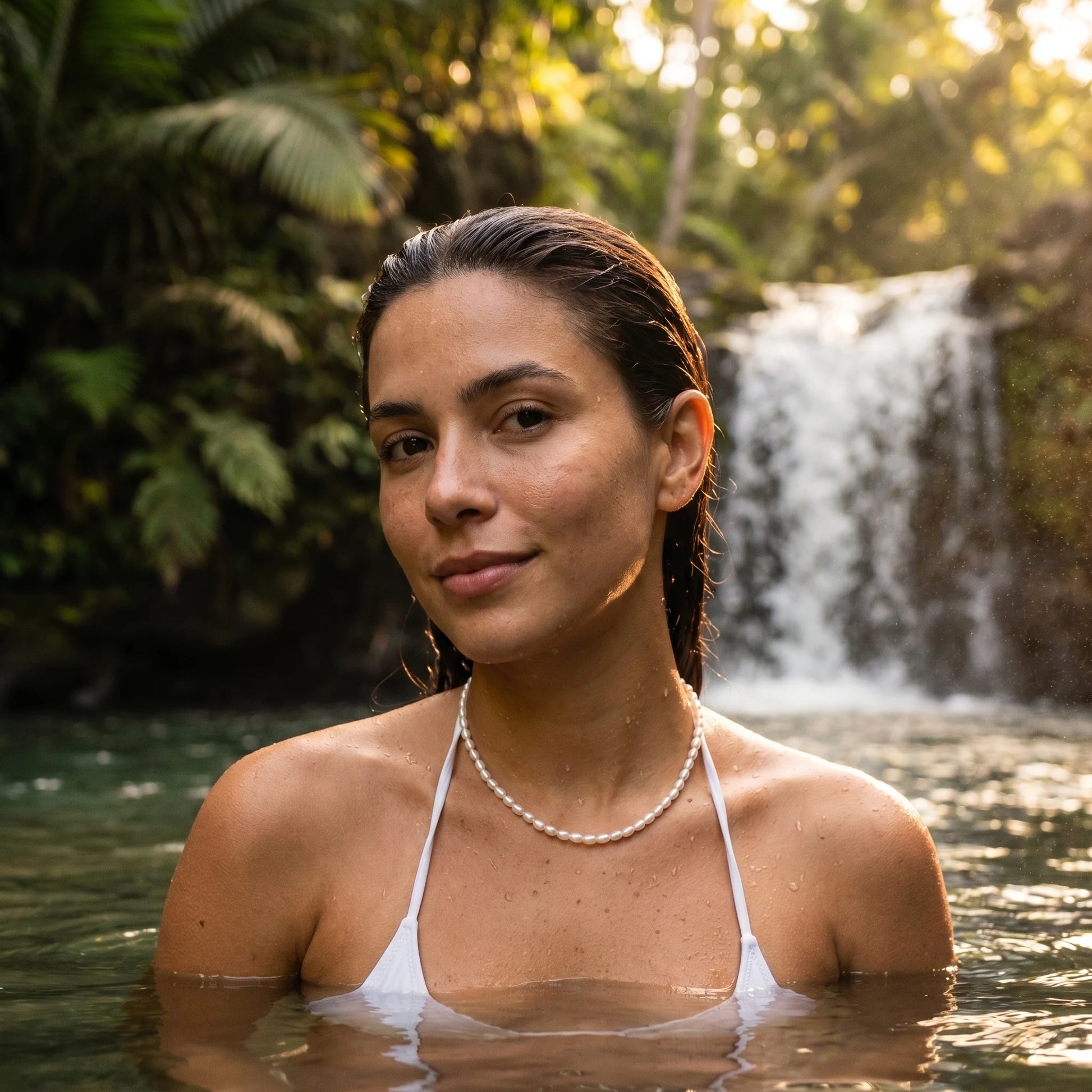 Pearl necklace Bali tropical waterfall summer sensual