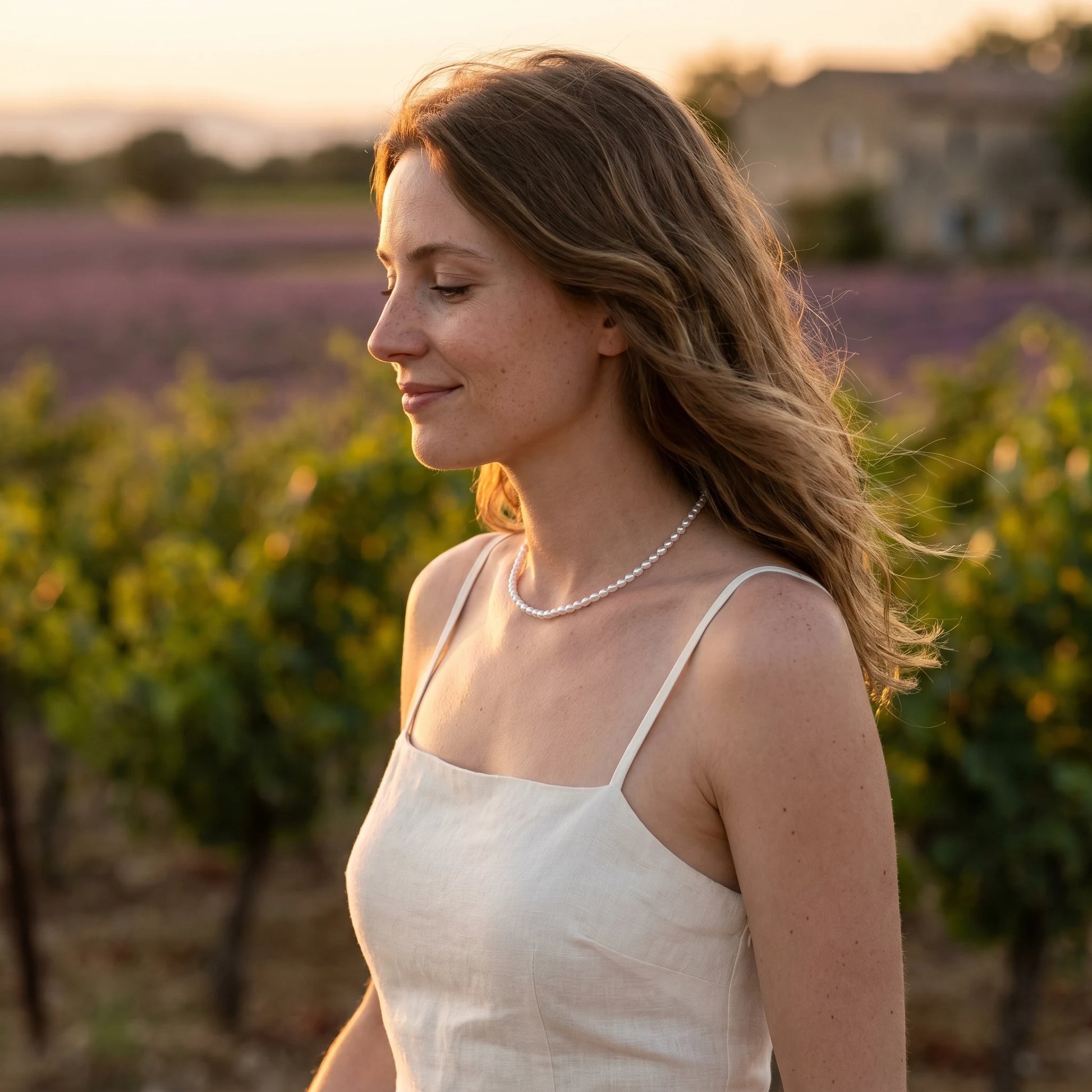 Pearl necklace Provence vineyard sunset profile ivory linen