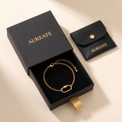 Gold cable chain bracelet in AUREATE matte black gift box - extender visible