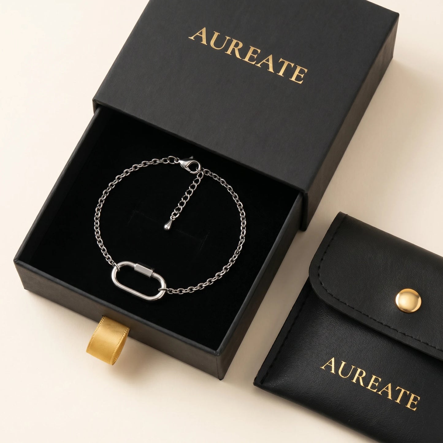 Silver cable chain bracelet in AUREATE matte black gift box - extender visible