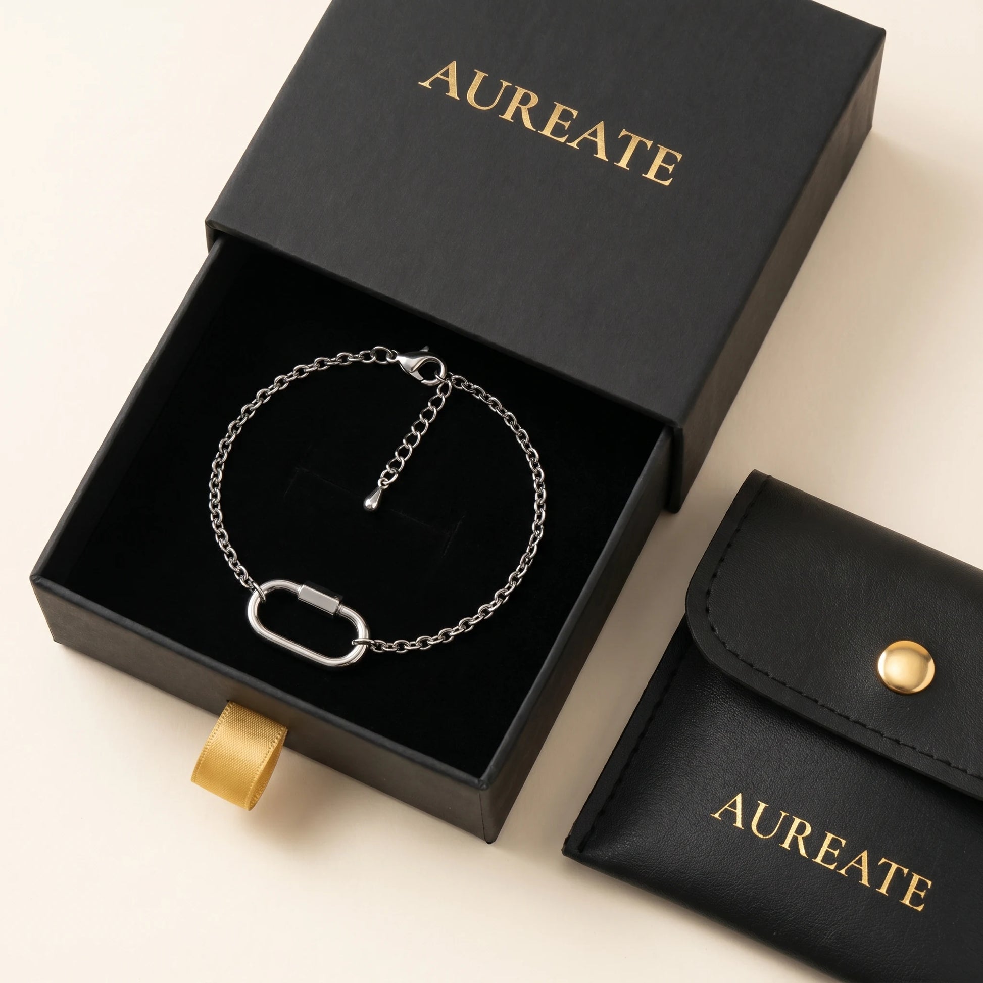 Silver cable chain bracelet in AUREATE matte black gift box - extender visible