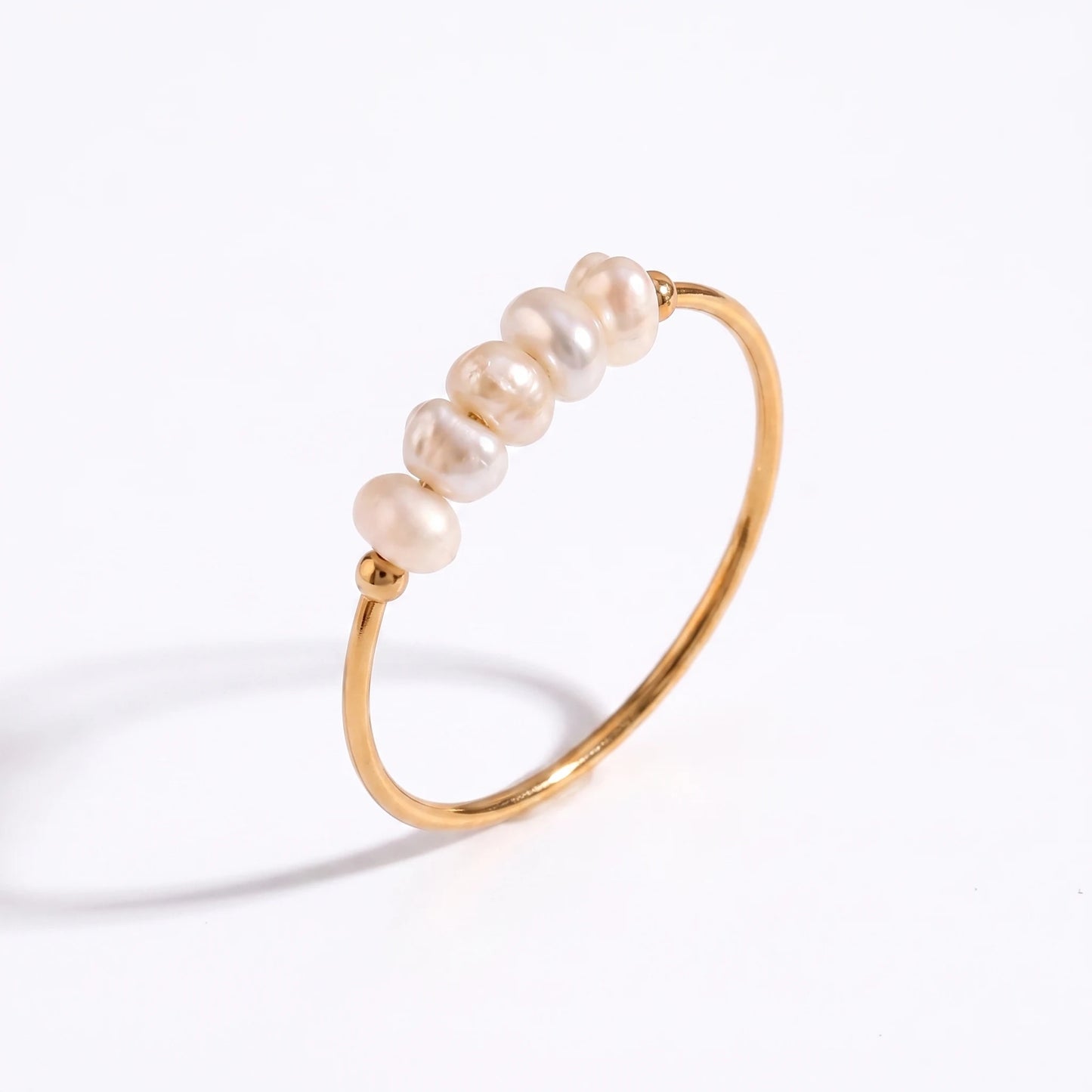 Gold Dainty Pearl Bar Ring packshot on white background 18K gold band