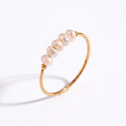 Gold Dainty Pearl Bar Ring packshot on white background 18K gold band