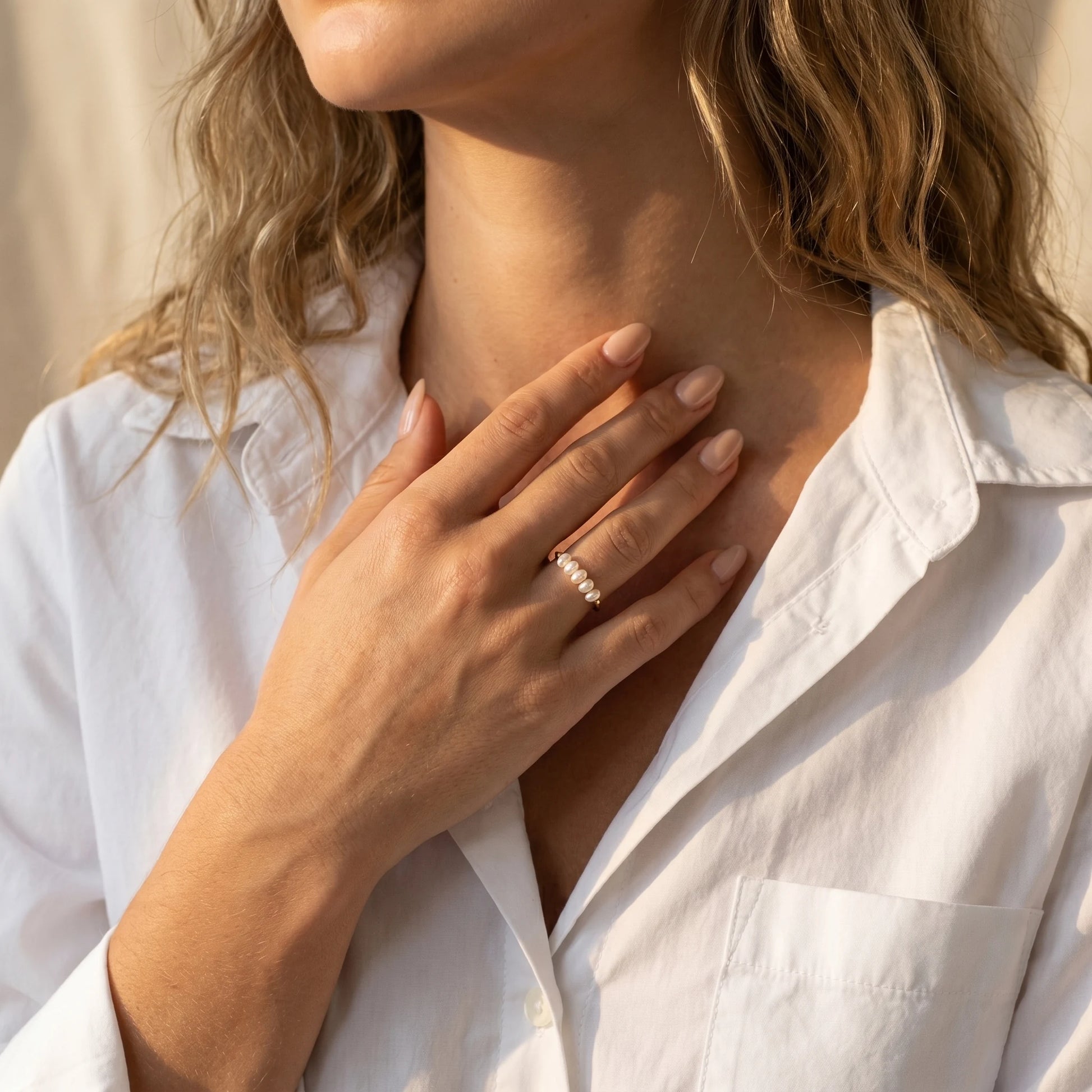 Gold Dainty Pearl Bar Ring editorial portrait golden hour