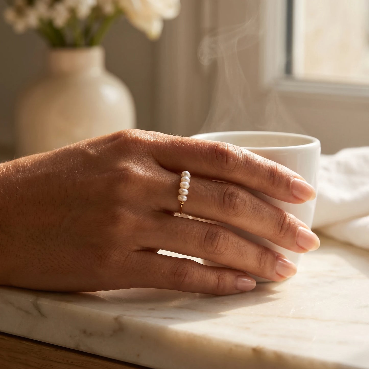 Gold Dainty Pearl Bar Ring lifestyle Parisian cafe scene