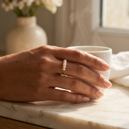 Gold Dainty Pearl Bar Ring lifestyle Parisian cafe scene