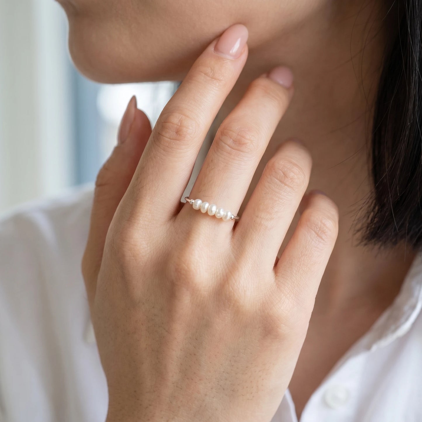 Silver Dainty Pearl Bar Ring worn on Korean fair skin hand five baroque pearls