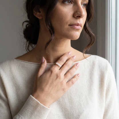 Silver Dainty Pearl Bar Ring editorial portrait cream cashmere