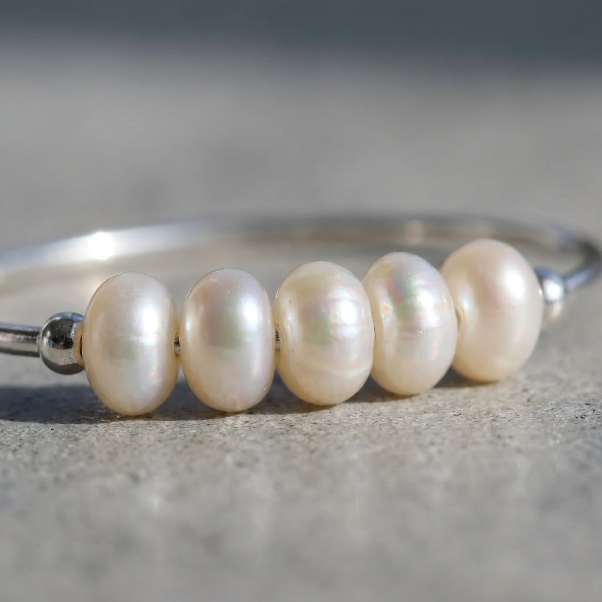 Silver Dainty Pearl Bar Ring macro five baroque freshwater pearls iridescent nacre