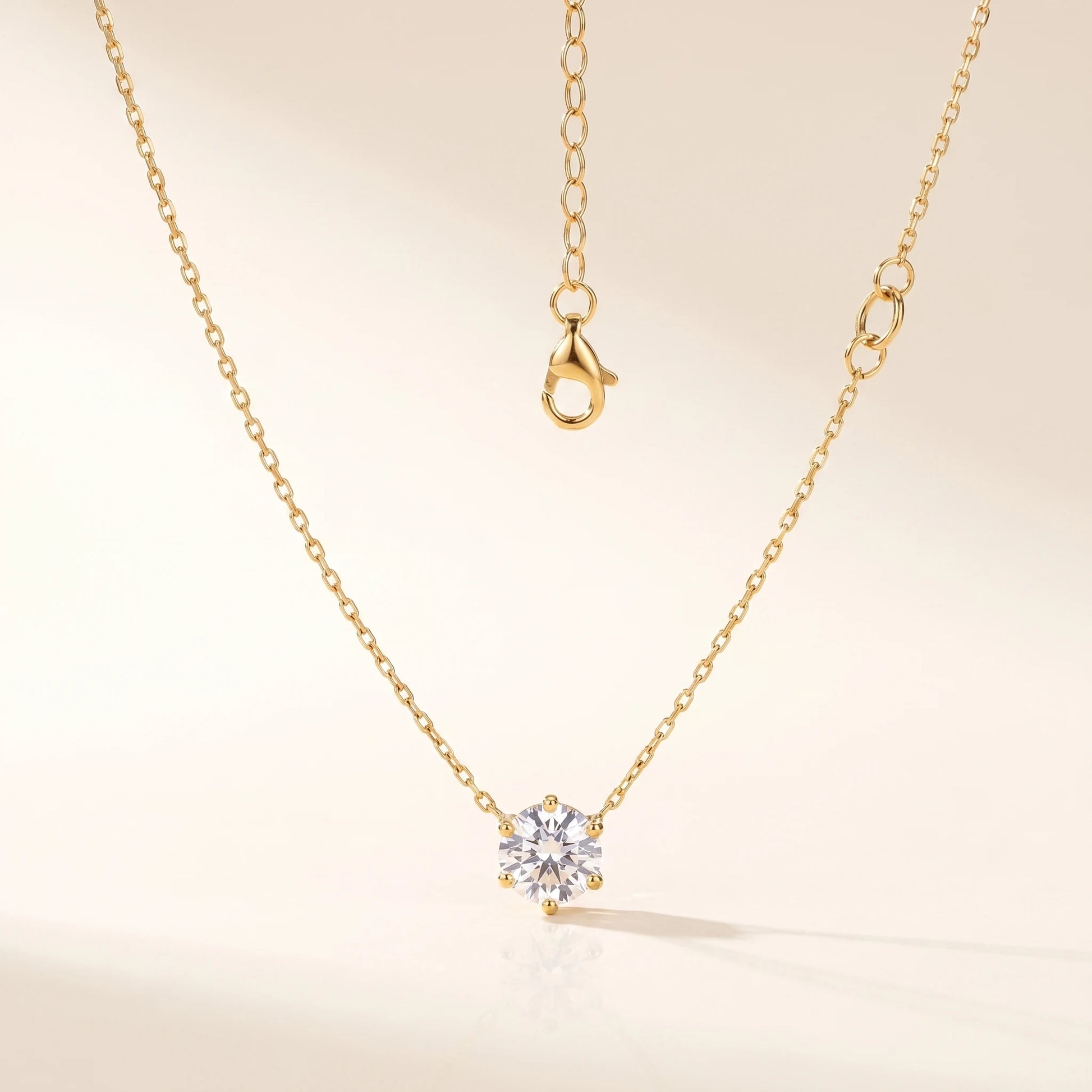 Floating Solitaire Necklace 18K Gold Plated - round brilliant CZ in 6-prong basket on dainty cable chain - packshot