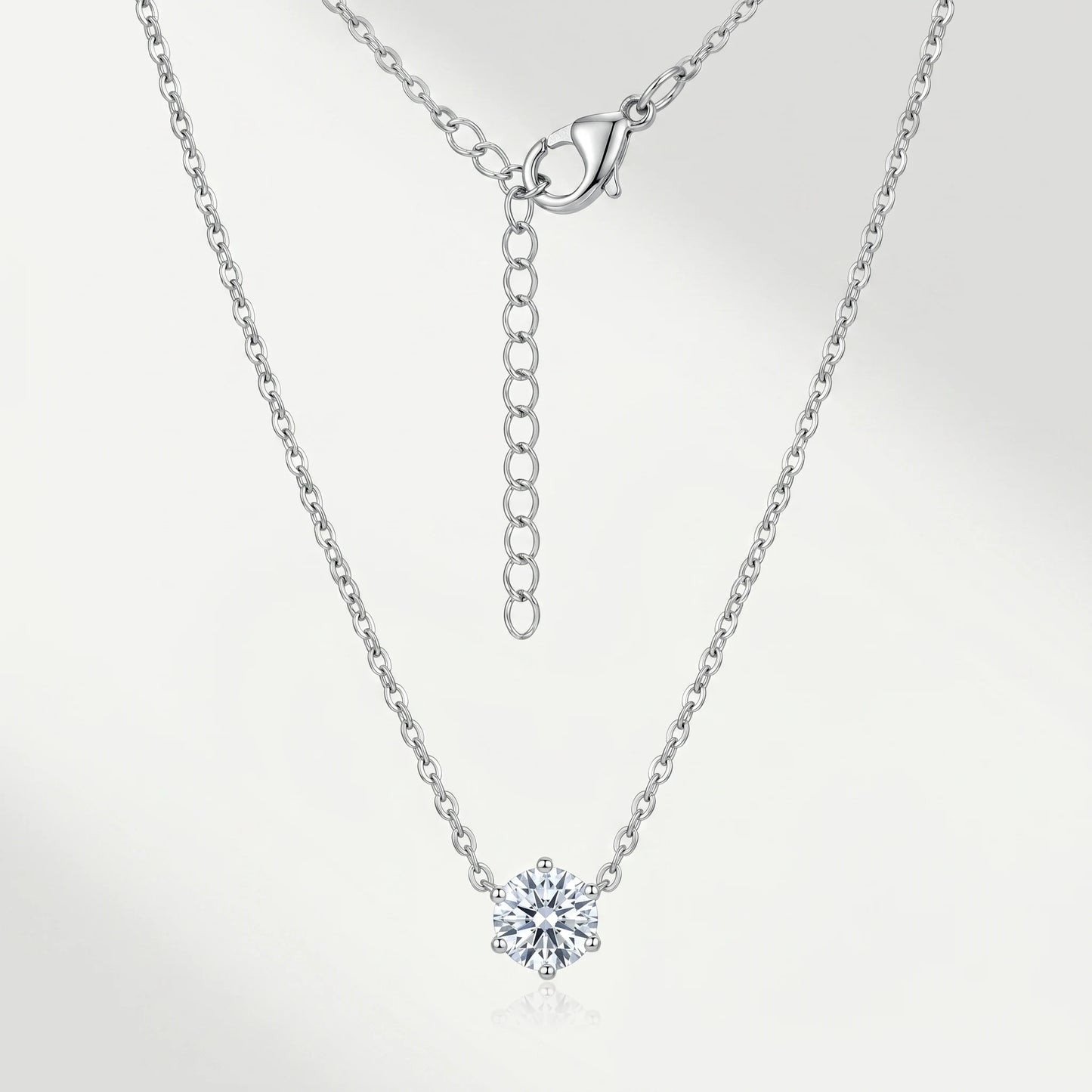 Floating Solitaire Necklace Stainless Steel Silver Tone - round brilliant CZ in 6-prong basket on dainty cable chain - packshot