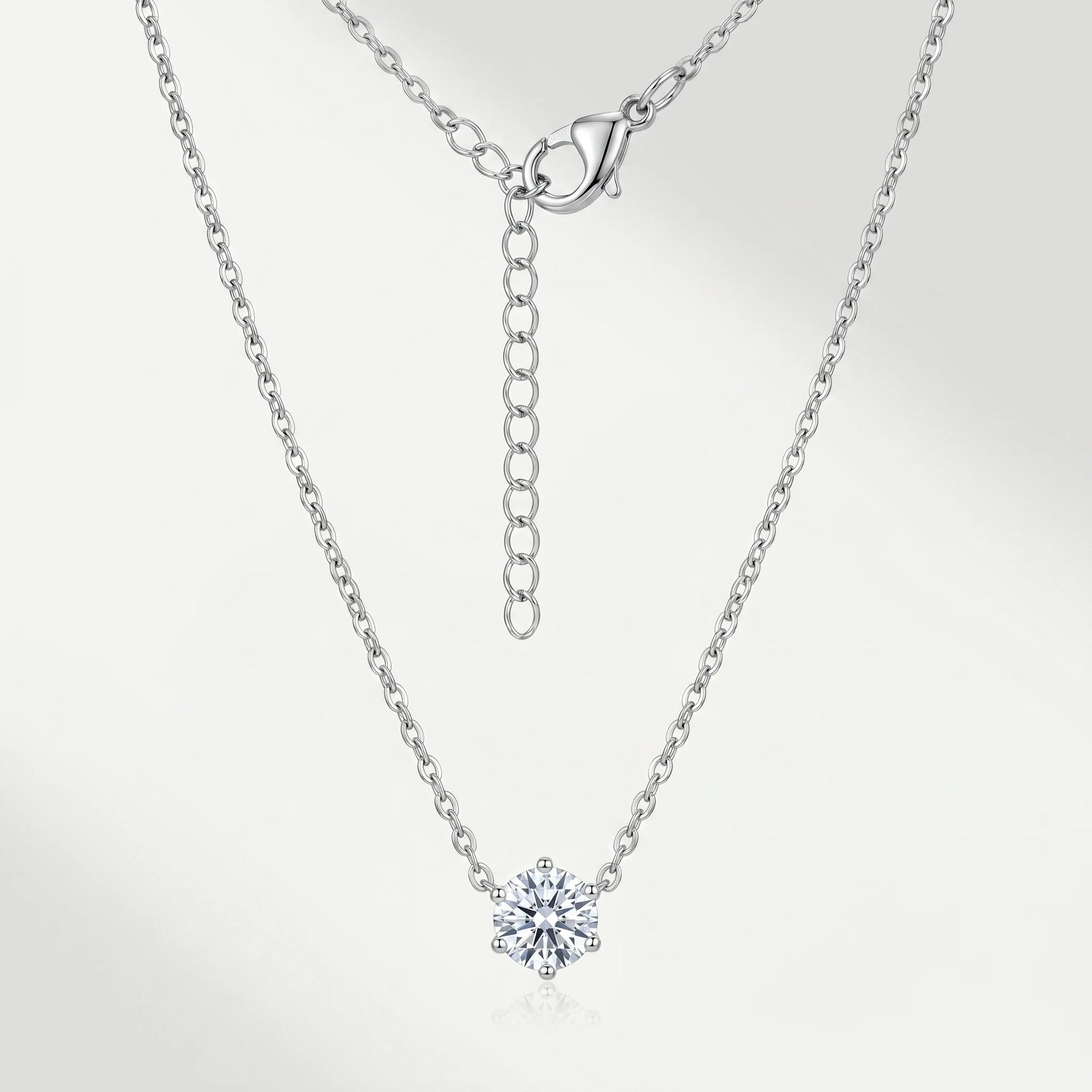 Floating Solitaire Necklace Stainless Steel Silver Tone - round brilliant CZ in 6-prong basket on dainty cable chain - packshot