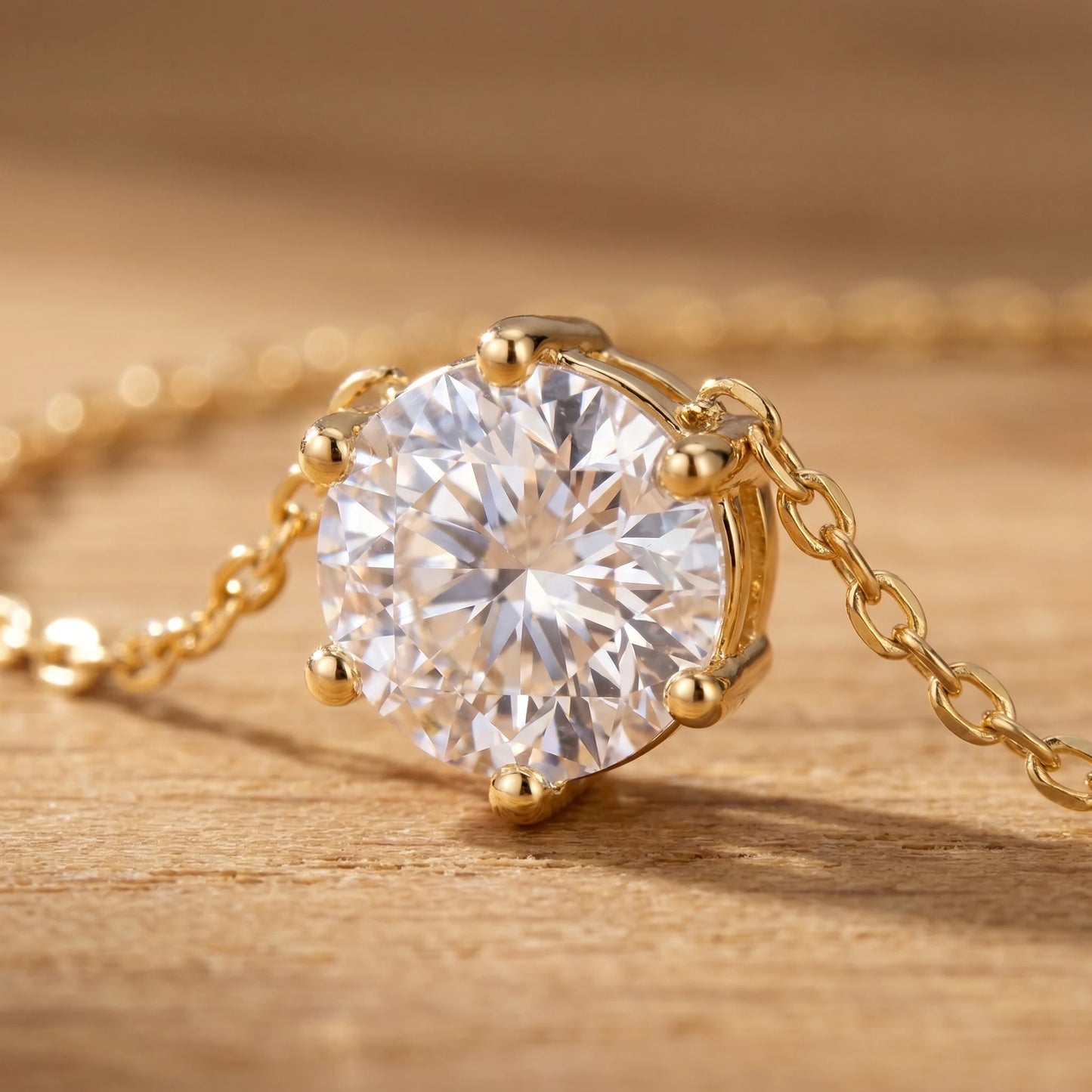 Floating Solitaire Necklace Gold - macro detail showing 6-prong basket setting and brilliant cut CZ