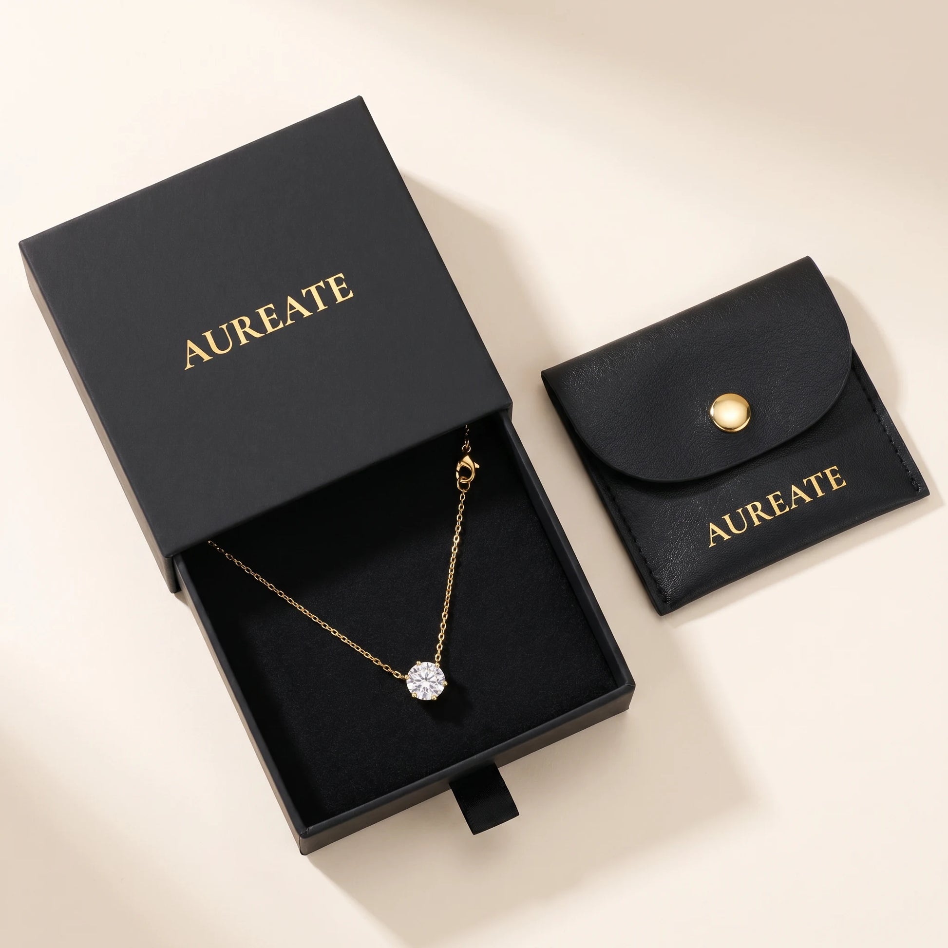 Floating Solitaire Necklace Gold in AUREATE gift box with leather pouch