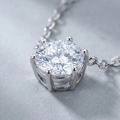 Floating Solitaire Necklace Silver Tone - macro showing 6-prong basket and brilliant cut CZ